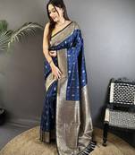 navy blue lichi silk blend zari weaving motif banarasi saree