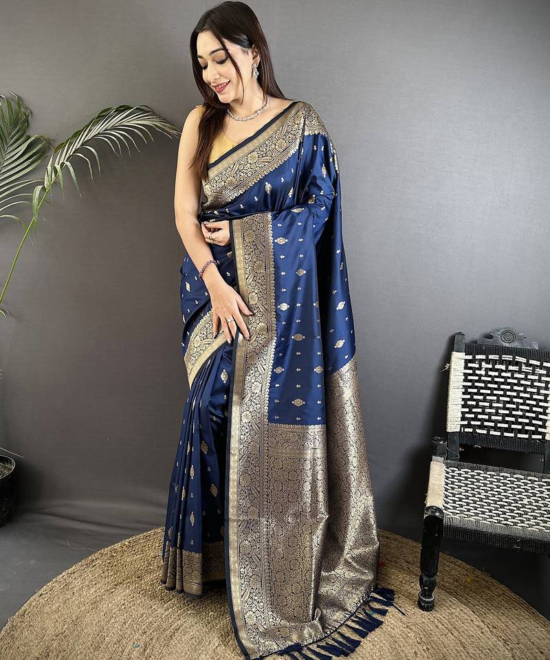 navy blue lichi silk blend zari weaving motif banarasi saree