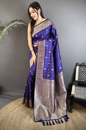 royal blue lichi silk blend zari weaving motif banarasi saree