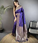 royal blue lichi silk blend zari weaving motif banarasi saree