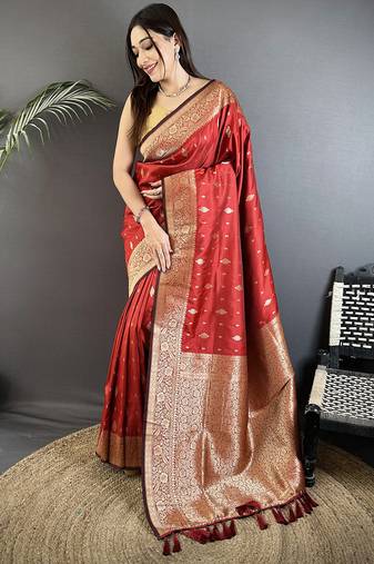 red lichi silk blend zari weaving motif banarasi saree