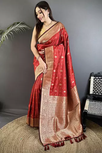 red lichi silk blend zari weaving motif banarasi saree