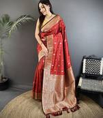 red lichi silk blend zari weaving motif banarasi saree