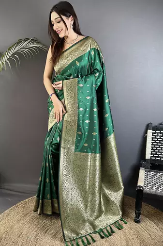 green lichi silk blend zari weaving motif banarasi saree