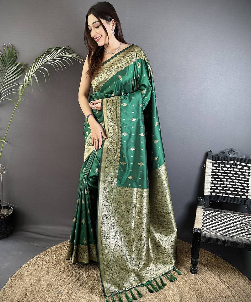 green lichi silk blend zari weaving motif banarasi saree