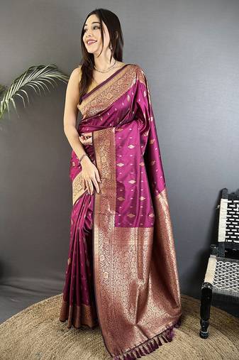 magenta lichi silk blend zari weaving motif banarasi saree