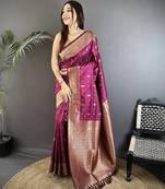 magenta lichi silk blend zari weaving motif banarasi saree