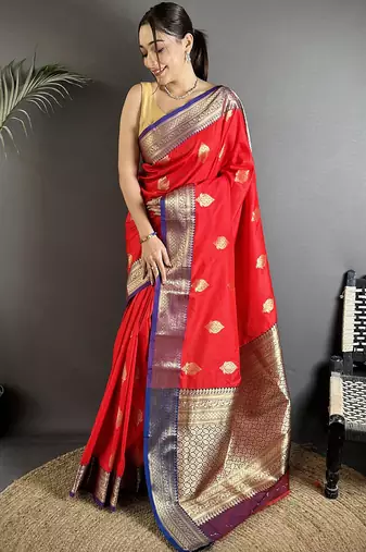 red soft silk blend intricate zari weaving banarasi saree