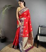 red soft silk blend intricate zari weaving banarasi saree