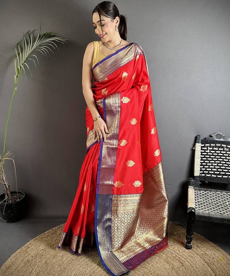 red soft silk blend intricate zari weaving banarasi saree