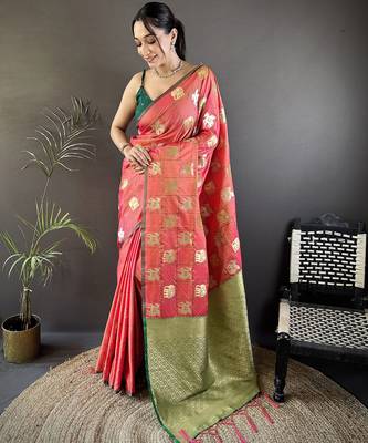 orange soft silk blend elephant motifs banarasi saree 1