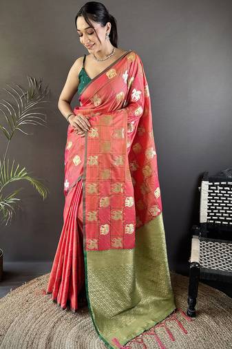 orange soft silk blend elephant motifs banarasi saree