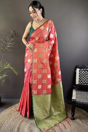 orange soft silk blend elephant motifs banarasi saree