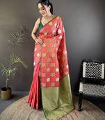 orange soft silk blend elephant motifs banarasi saree