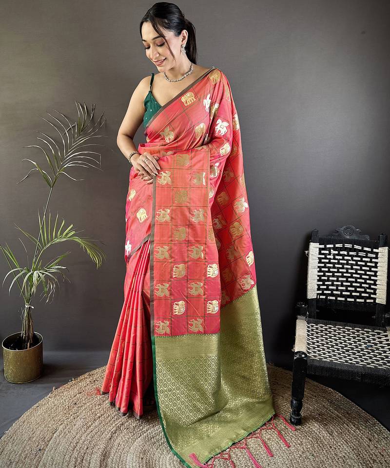 orange soft silk blend elephant motifs banarasi saree