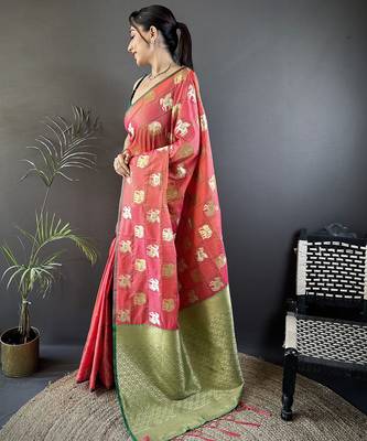 orange soft silk blend elephant motifs banarasi saree 2