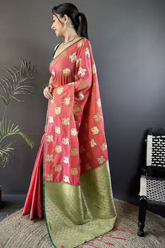 orange soft silk blend elephant motifs banarasi saree