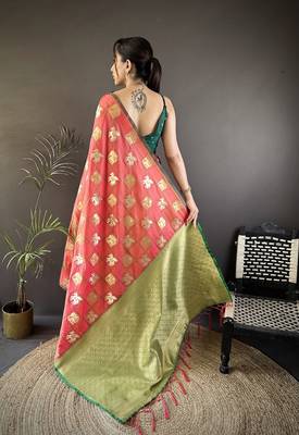 orange soft silk blend elephant motifs banarasi saree 3