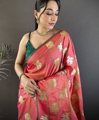 orange soft silk blend elephant motifs banarasi saree 4