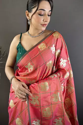 orange soft silk blend elephant motifs banarasi saree