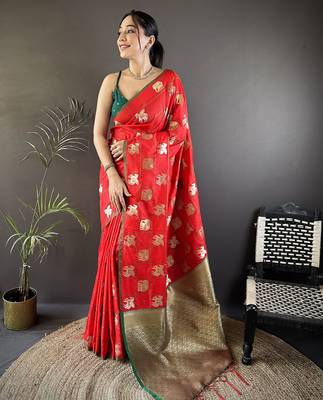red soft silk blend elephant motifs banarasi saree 1