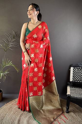 red soft silk blend elephant motifs banarasi saree