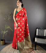 red soft silk blend elephant motifs banarasi saree