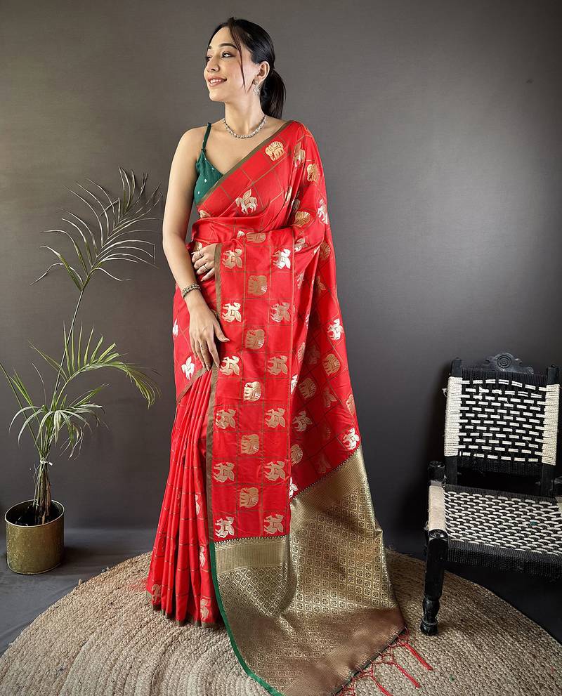 red soft silk blend elephant motifs banarasi saree