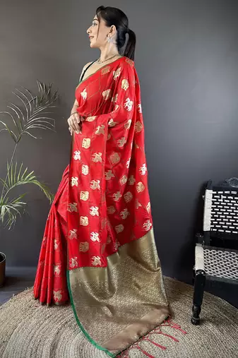 red soft silk blend elephant motifs banarasi saree
