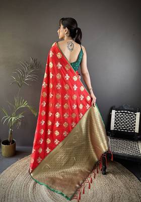 red soft silk blend elephant motifs banarasi saree 3