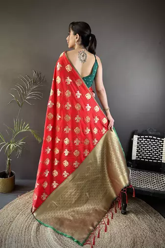 red soft silk blend elephant motifs banarasi saree