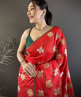 red soft silk blend elephant motifs banarasi saree 4