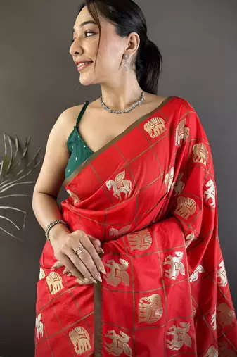 red soft silk blend elephant motifs banarasi saree