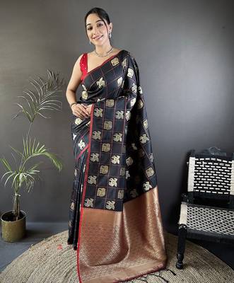 black soft silk blend elephant motifs banarasi saree 1