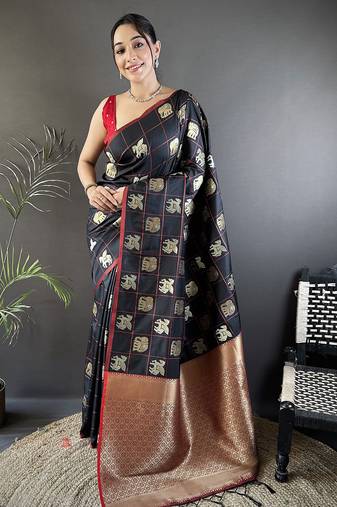 black soft silk blend elephant motifs banarasi saree
