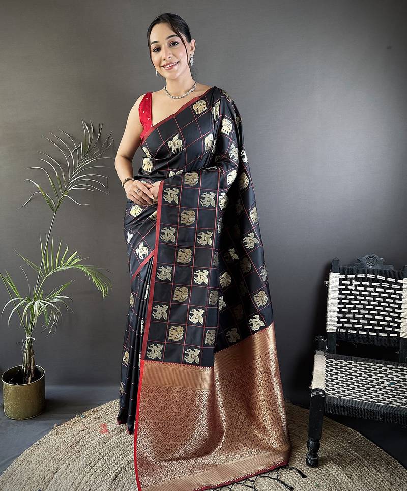black soft silk blend elephant motifs banarasi saree