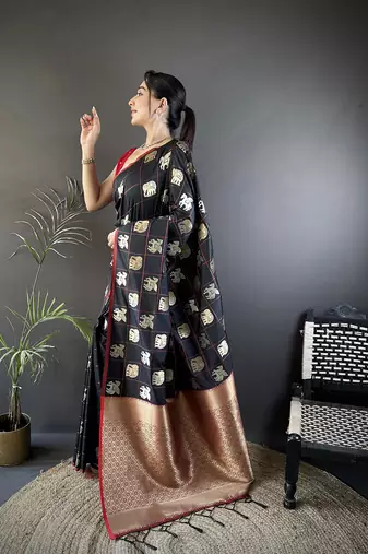 black soft silk blend elephant motifs banarasi saree