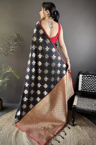 black soft silk blend elephant motifs banarasi saree