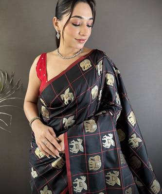 black soft silk blend elephant motifs banarasi saree 5