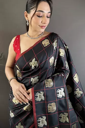 black soft silk blend elephant motifs banarasi saree