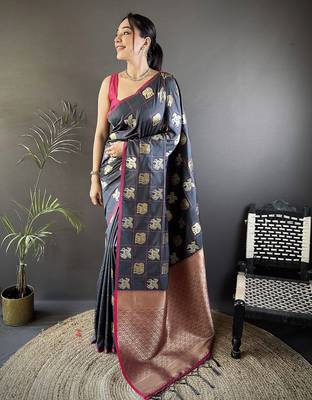 grey soft silk blend elephant motifs banarasi saree 1