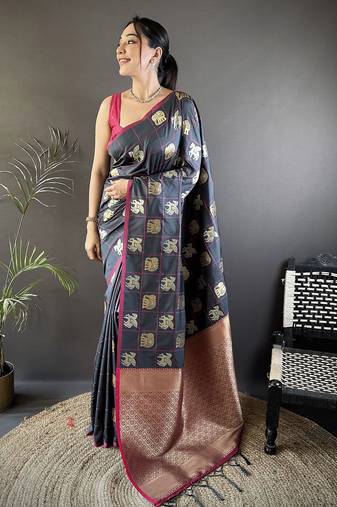 grey soft silk blend elephant motifs banarasi saree