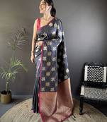 grey soft silk blend elephant motifs banarasi saree