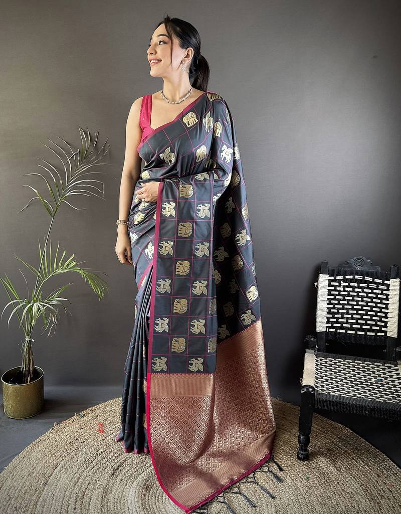 grey soft silk blend elephant motifs banarasi saree