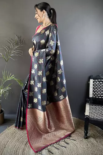grey soft silk blend elephant motifs banarasi saree