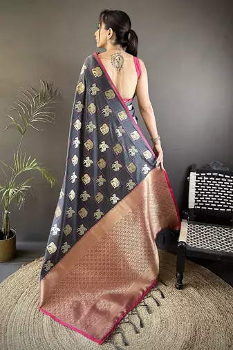 grey soft silk blend elephant motifs banarasi saree