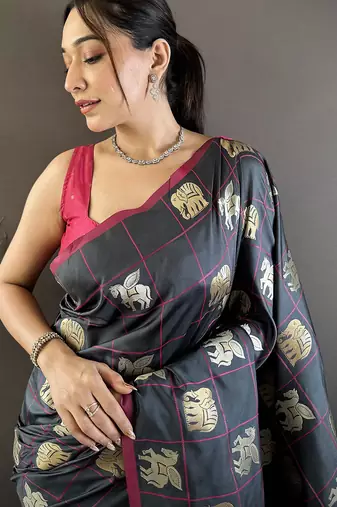 grey soft silk blend elephant motifs banarasi saree