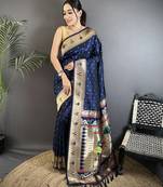 dark blue soft lichi silk blend peacock & floral motifs jacquard kanchipuram saree
