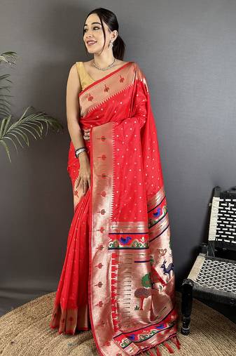 red soft lichi silk blend peacock & floral motifs jacquard kanchipuram saree