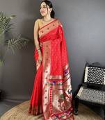 red soft lichi silk blend peacock & floral motifs jacquard kanchipuram saree